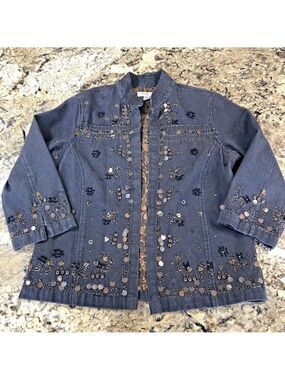 Size S Coldwater Creek Women’s Open Jean Jacket Embroidered Beaded 3/4 Sleeve IN